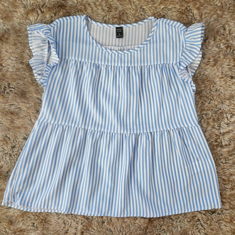 Emery Rose Flutter Sleeve Tiered Striped Blouse Blue & White Women's Size Medium
